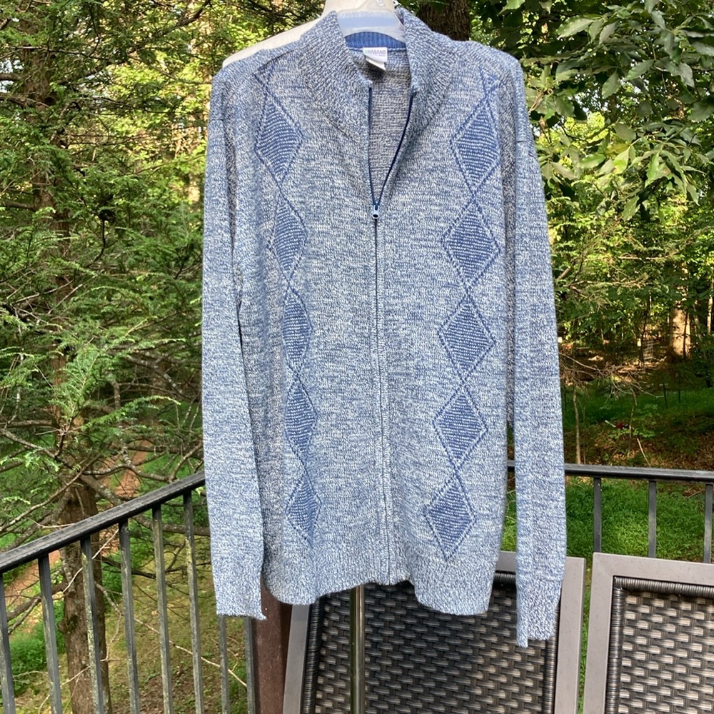 Haband Men's Blue knit Diamond Pattern Sweater zip-up. thick sweater sz. XL